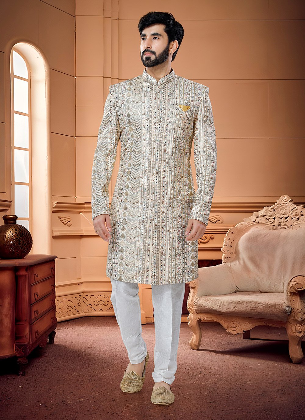 Indo Western Sherwani Silk Cream Embroidered Mens