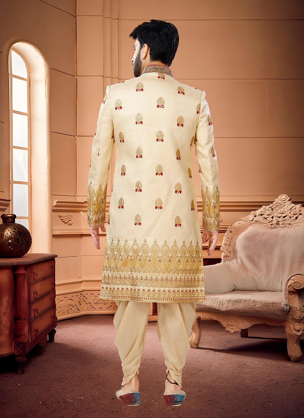 Indo Western Sherwani Silk Cream Hand Work Mens