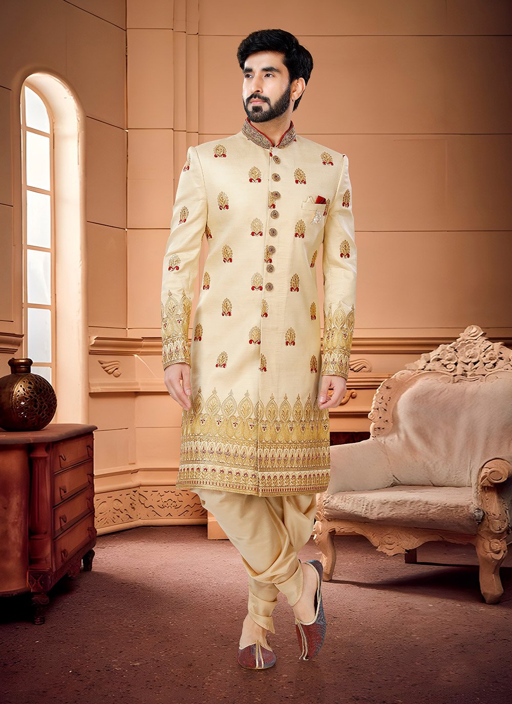 Indo Western Sherwani Silk Cream Hand Work Mens