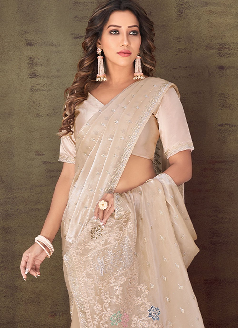 Classic Organza Silk Cream Embroidered Saree