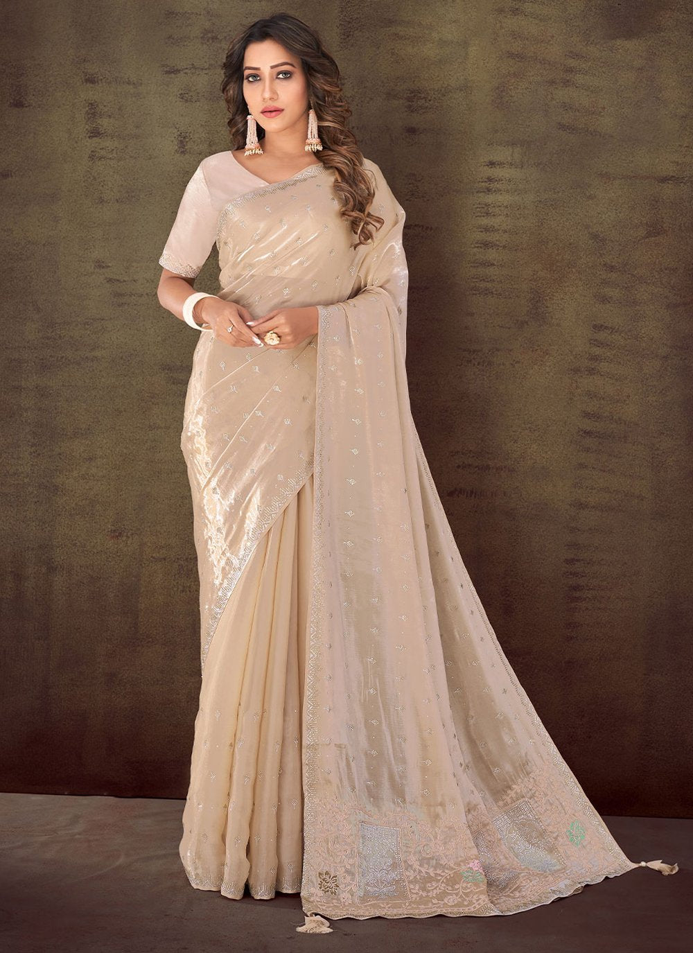 Classic Organza Silk Cream Embroidered Saree