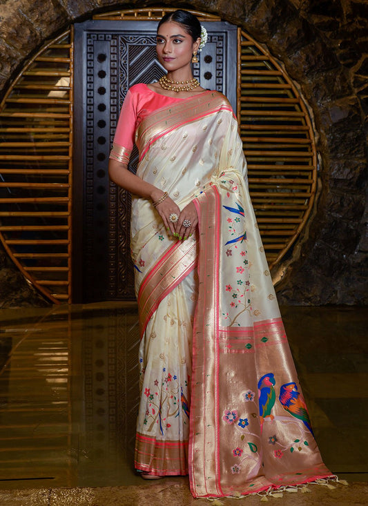 Trendy Saree Silk Cream Meenakari Saree