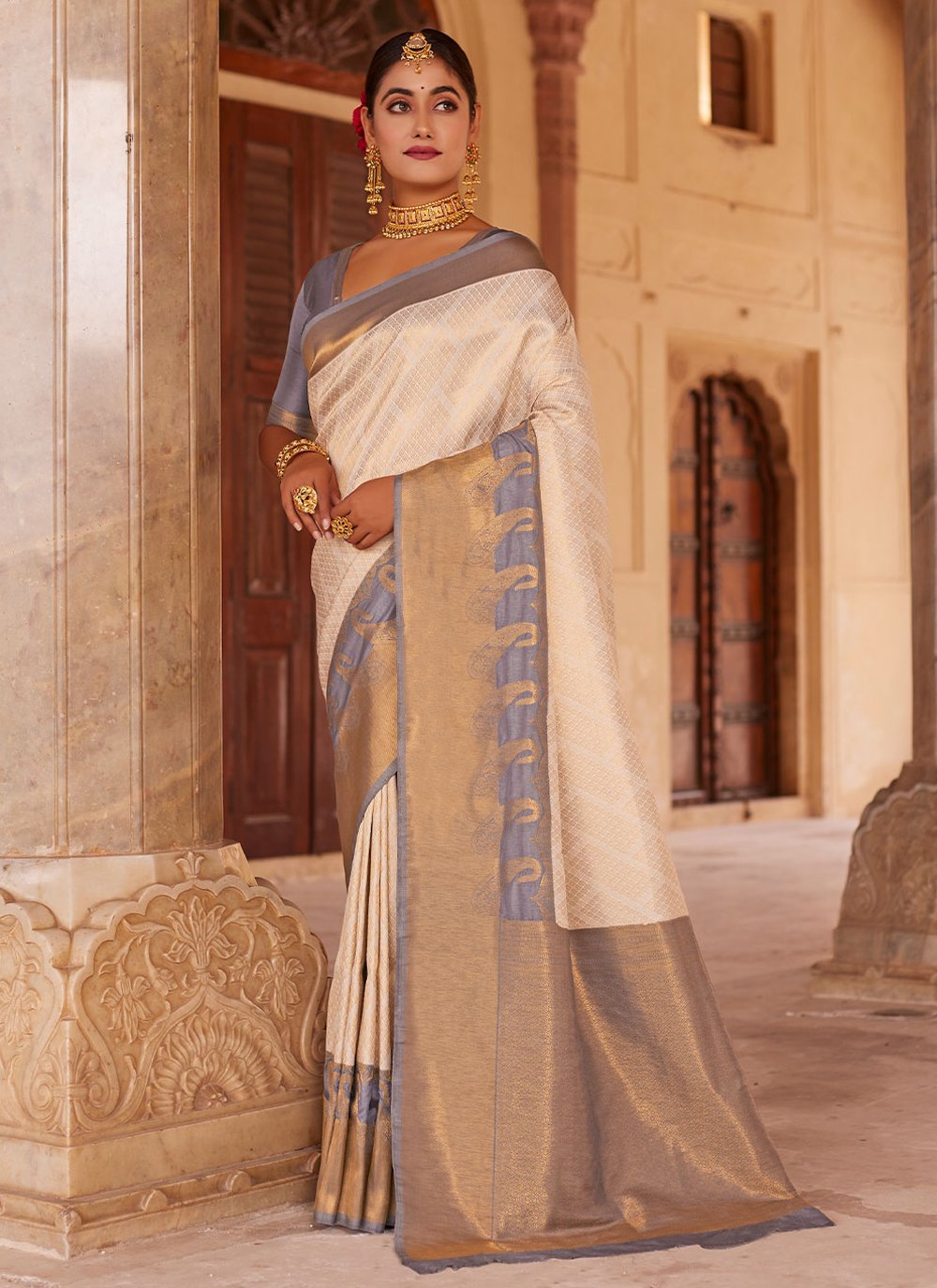 Contemporary Silk Cream Weaving Saree