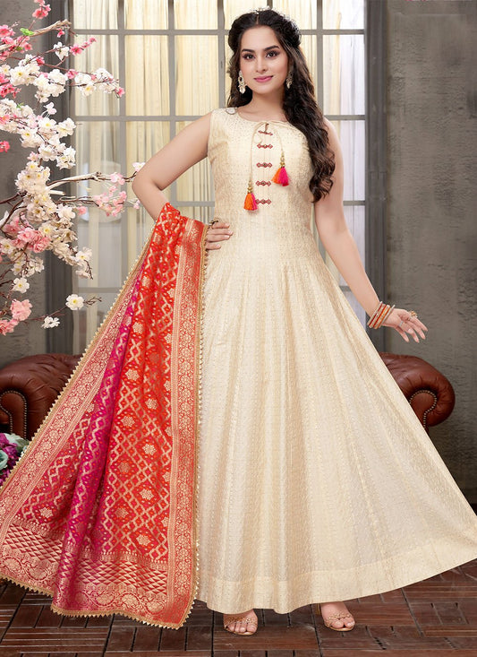 Anarkali Suit Silk Cream Embroidered Salwar Kameez