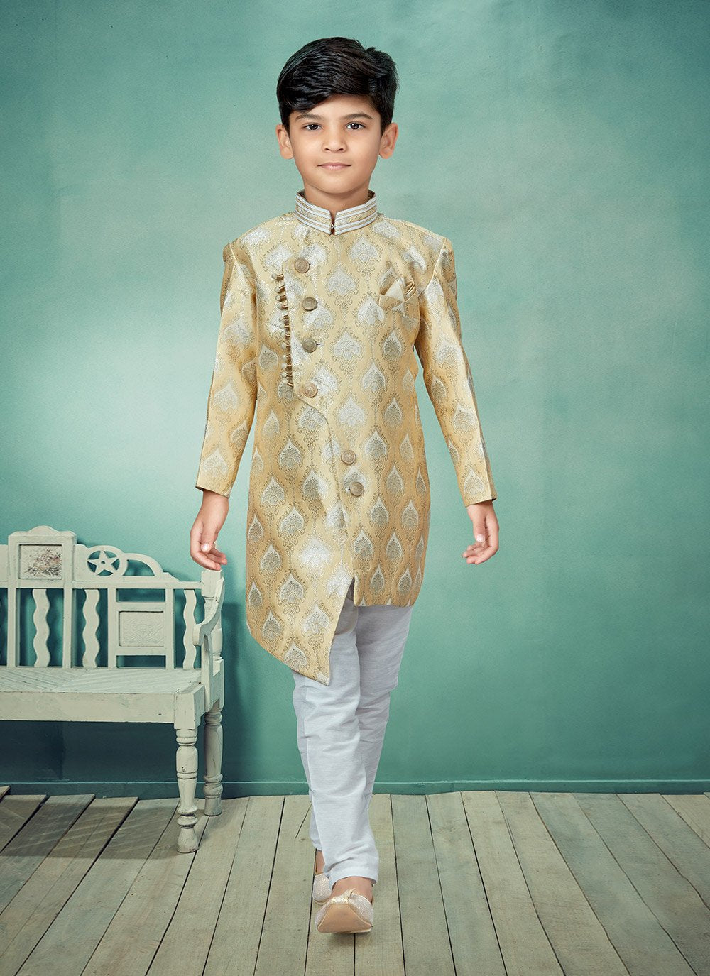 Indo Western Banarasi Jacquard Cream Stone Kids