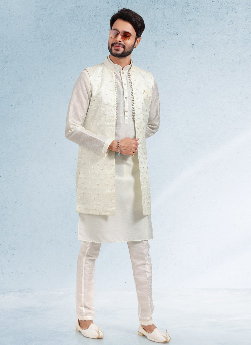 Kurta Payjama With Jacket Art Banarasi Silk Cream Thread Mens