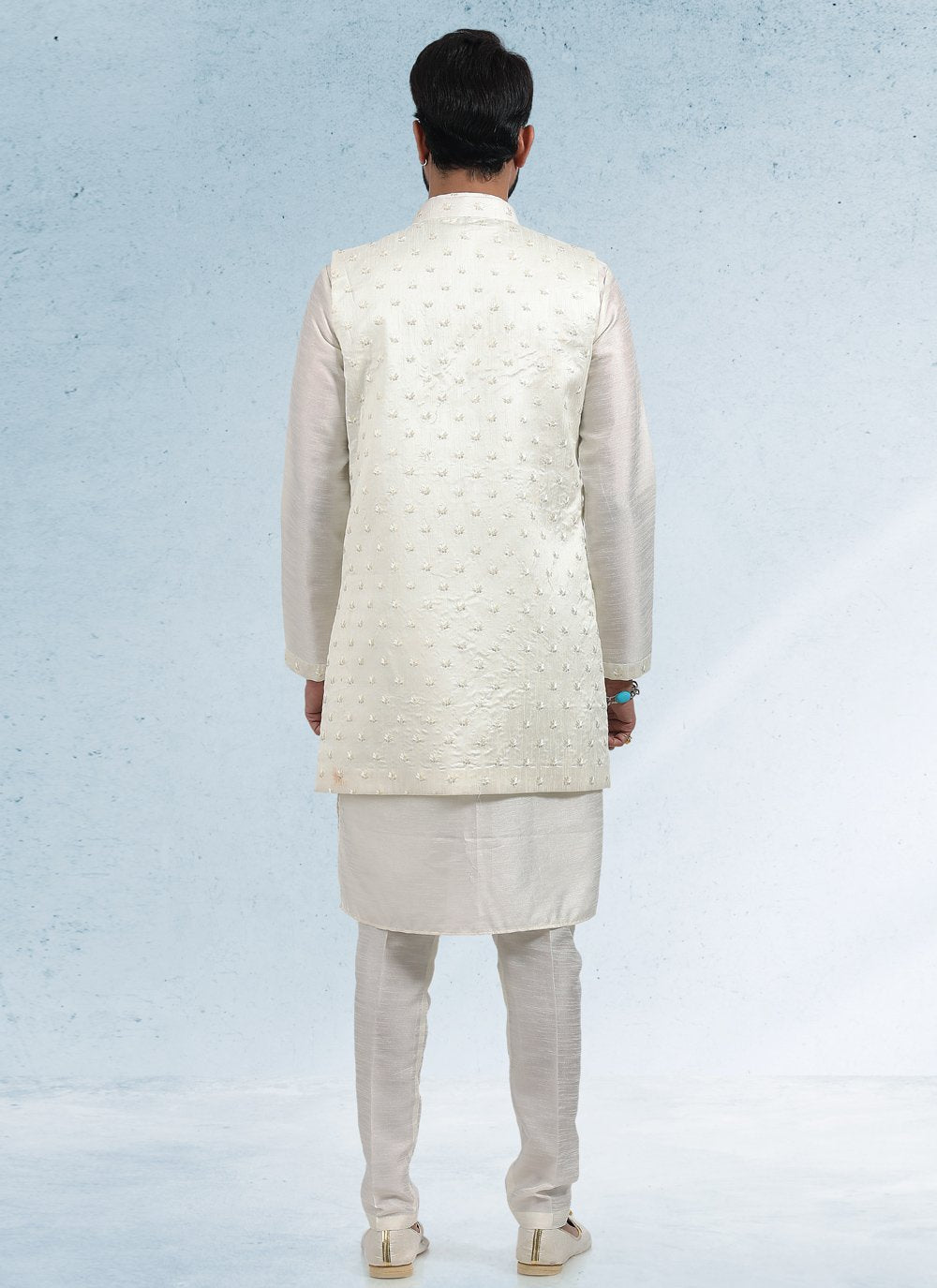 Kurta Payjama With Jacket Art Banarasi Silk Cream Thread Mens