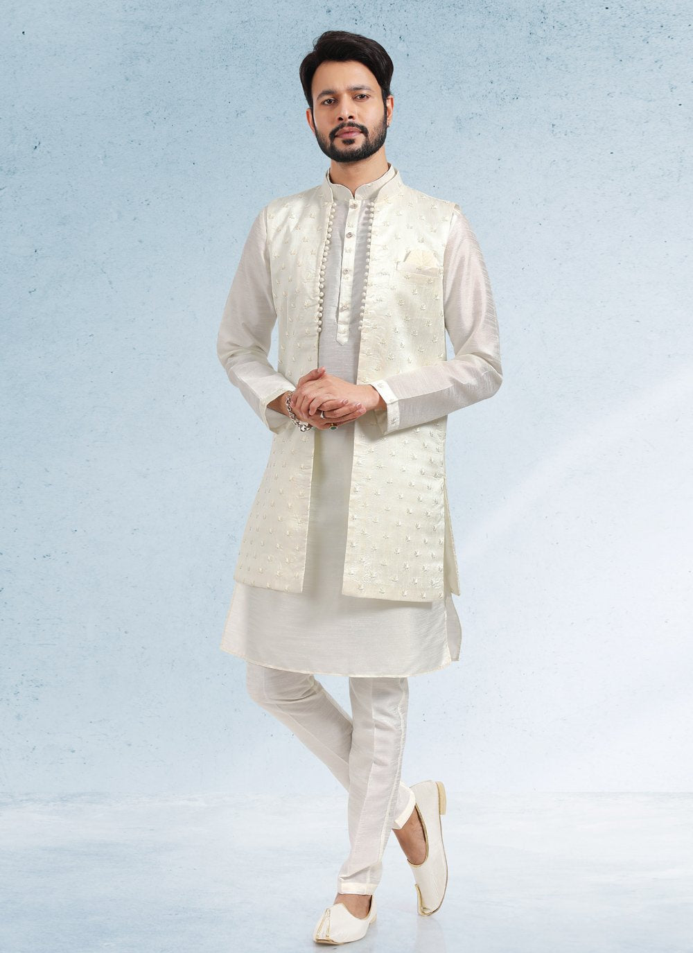 Kurta Payjama With Jacket Art Banarasi Silk Cream Thread Mens