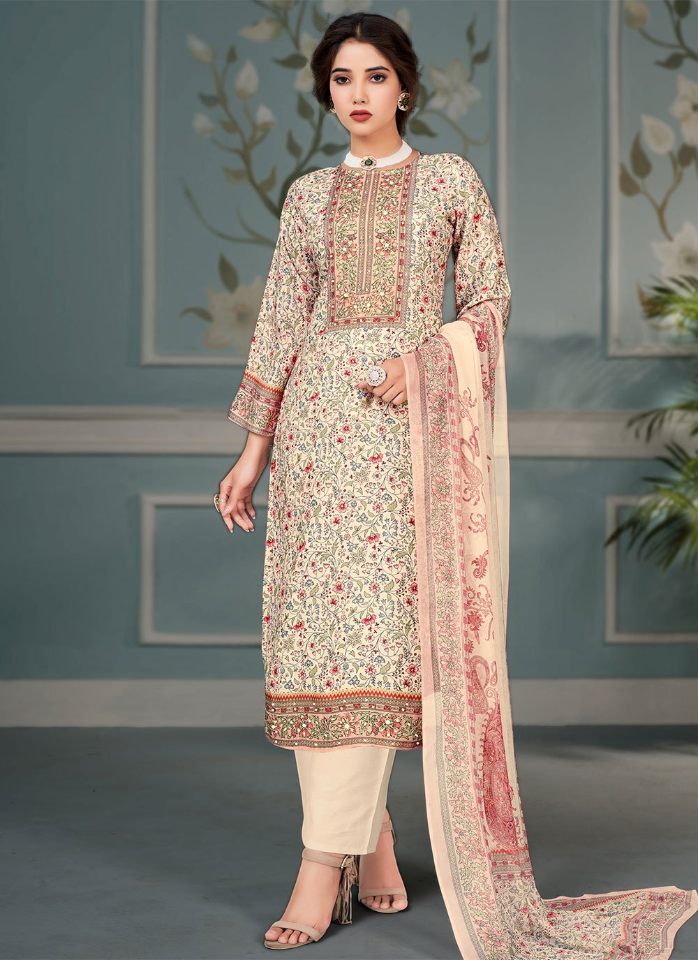 Pant Style Suit Muslin Cream Floral Patch Salwar Kameez