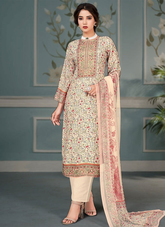 Pant Style Suit Muslin Cream Floral Patch Salwar Kameez