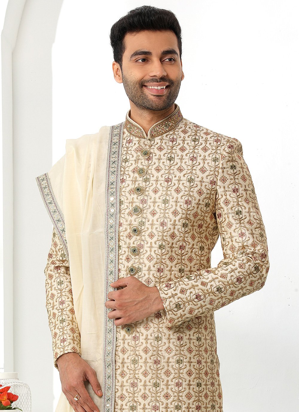 Sherwani Art Silk Cream Machine Embroidery Mens