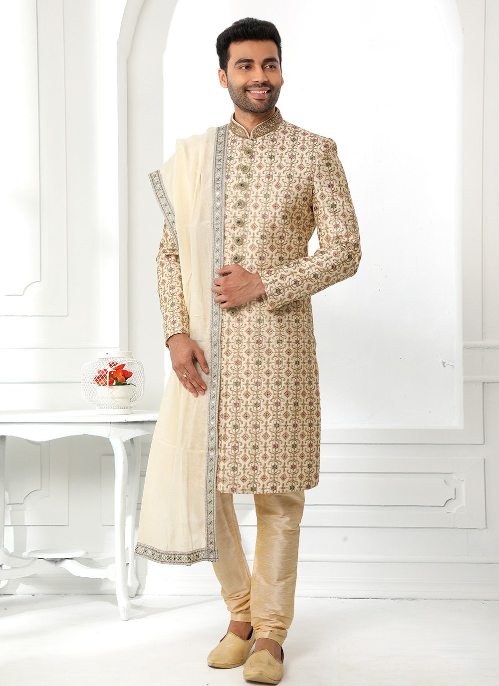 Sherwani Art Silk Cream Machine Embroidery Mens