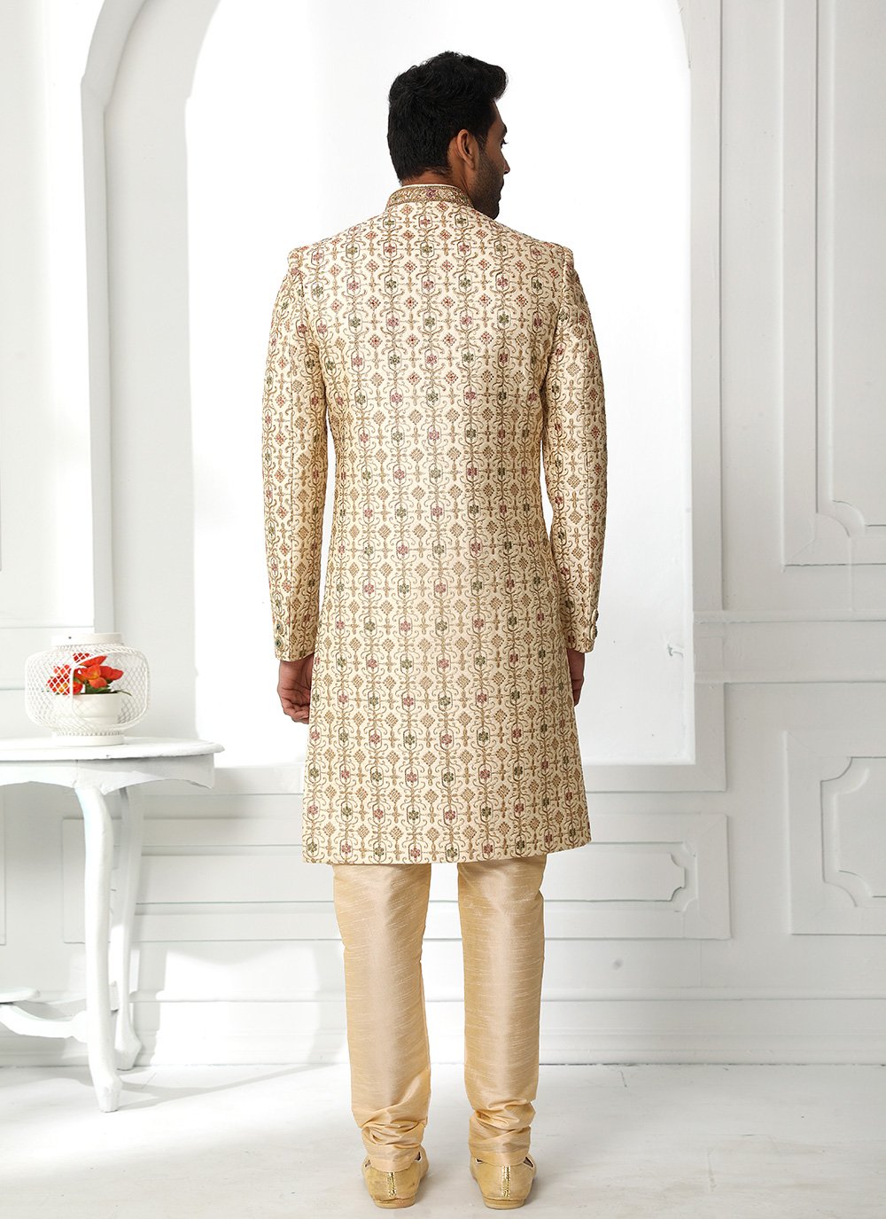 Sherwani Art Silk Cream Machine Embroidery Mens