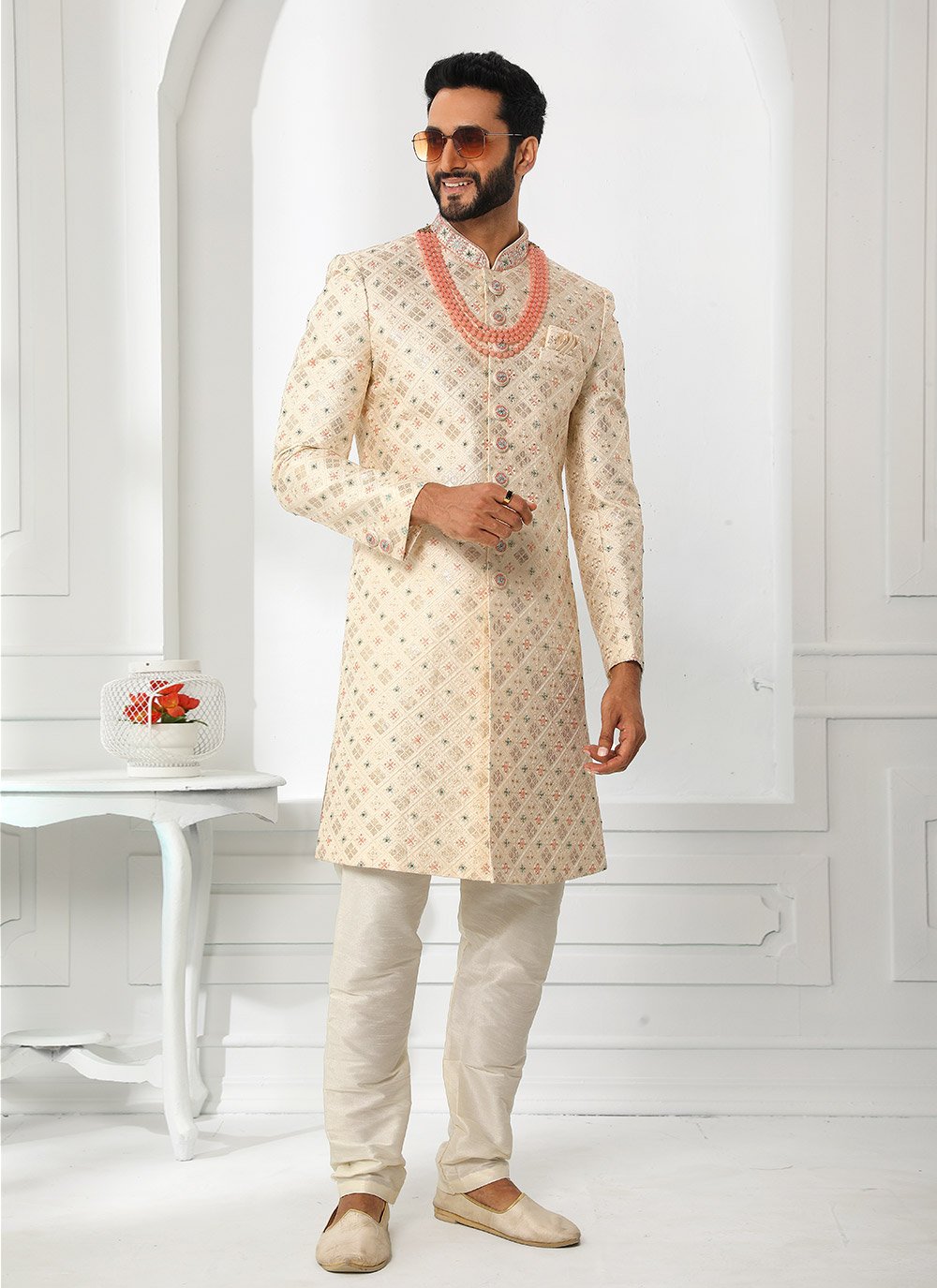 Sherwani Art Silk Cream Machine Embroidery Mens