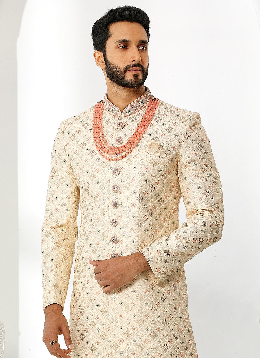 Sherwani Art Silk Cream Machine Embroidery Mens