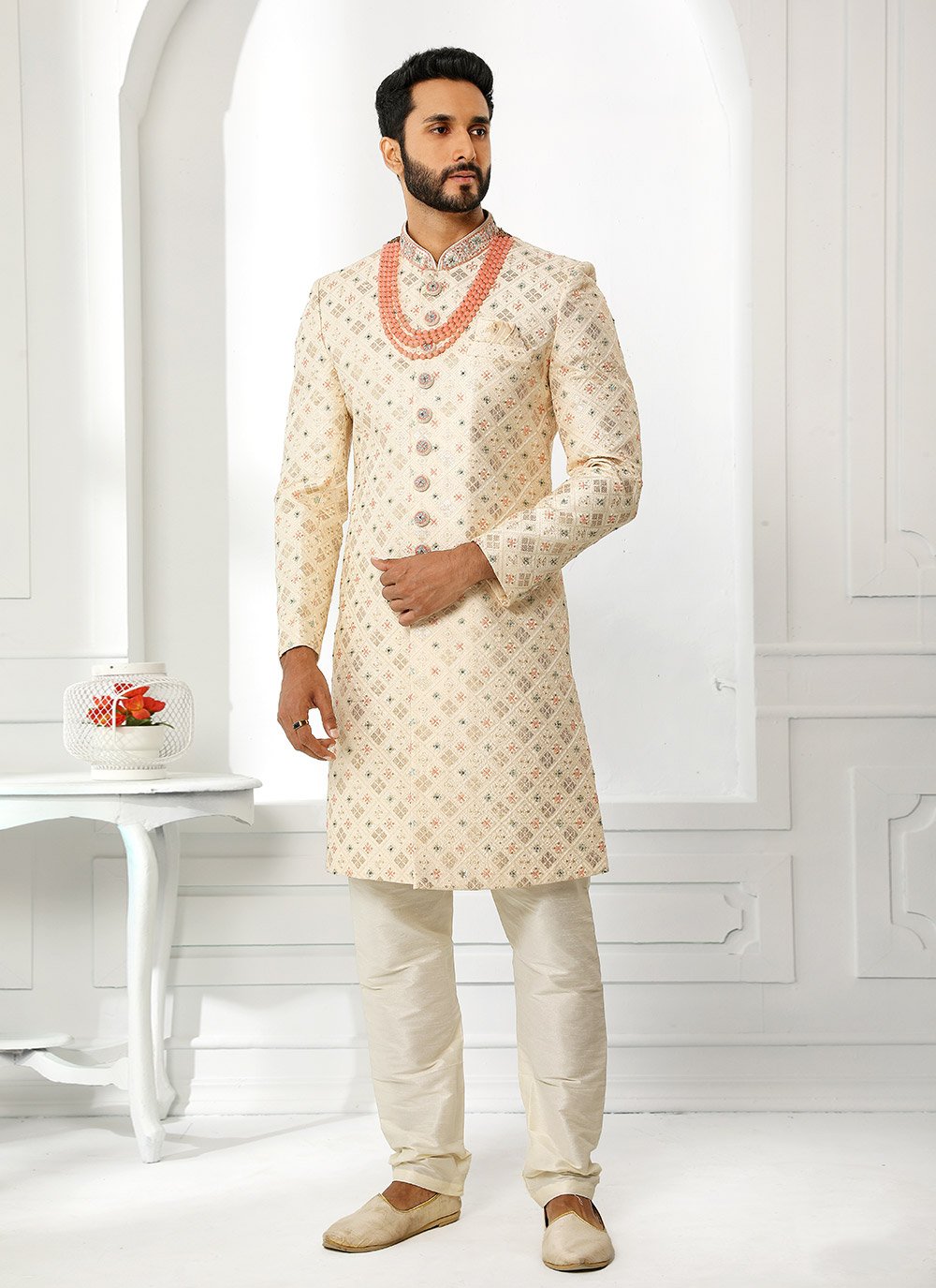 Sherwani Art Silk Cream Machine Embroidery Mens