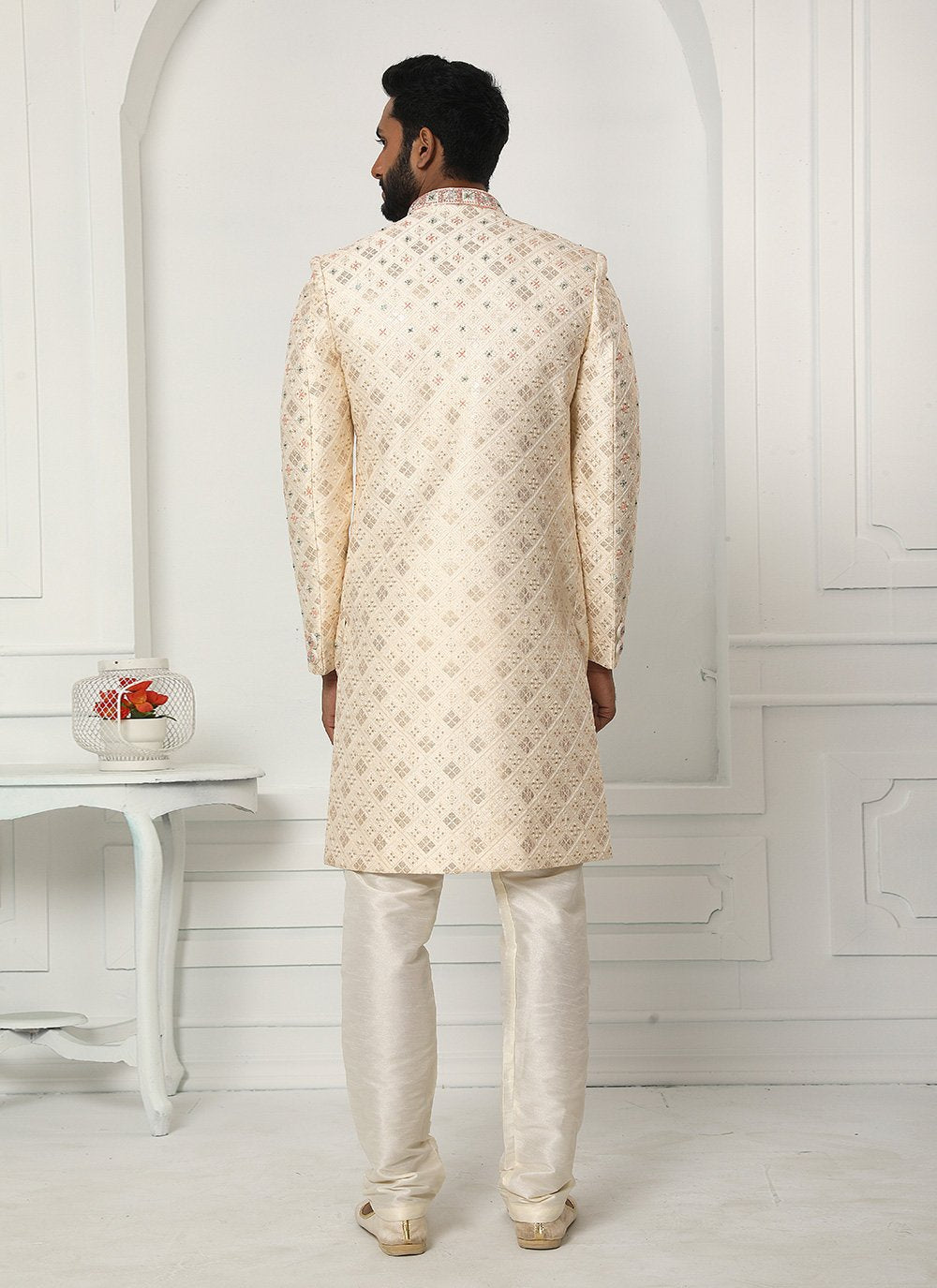 Sherwani Art Silk Cream Machine Embroidery Mens