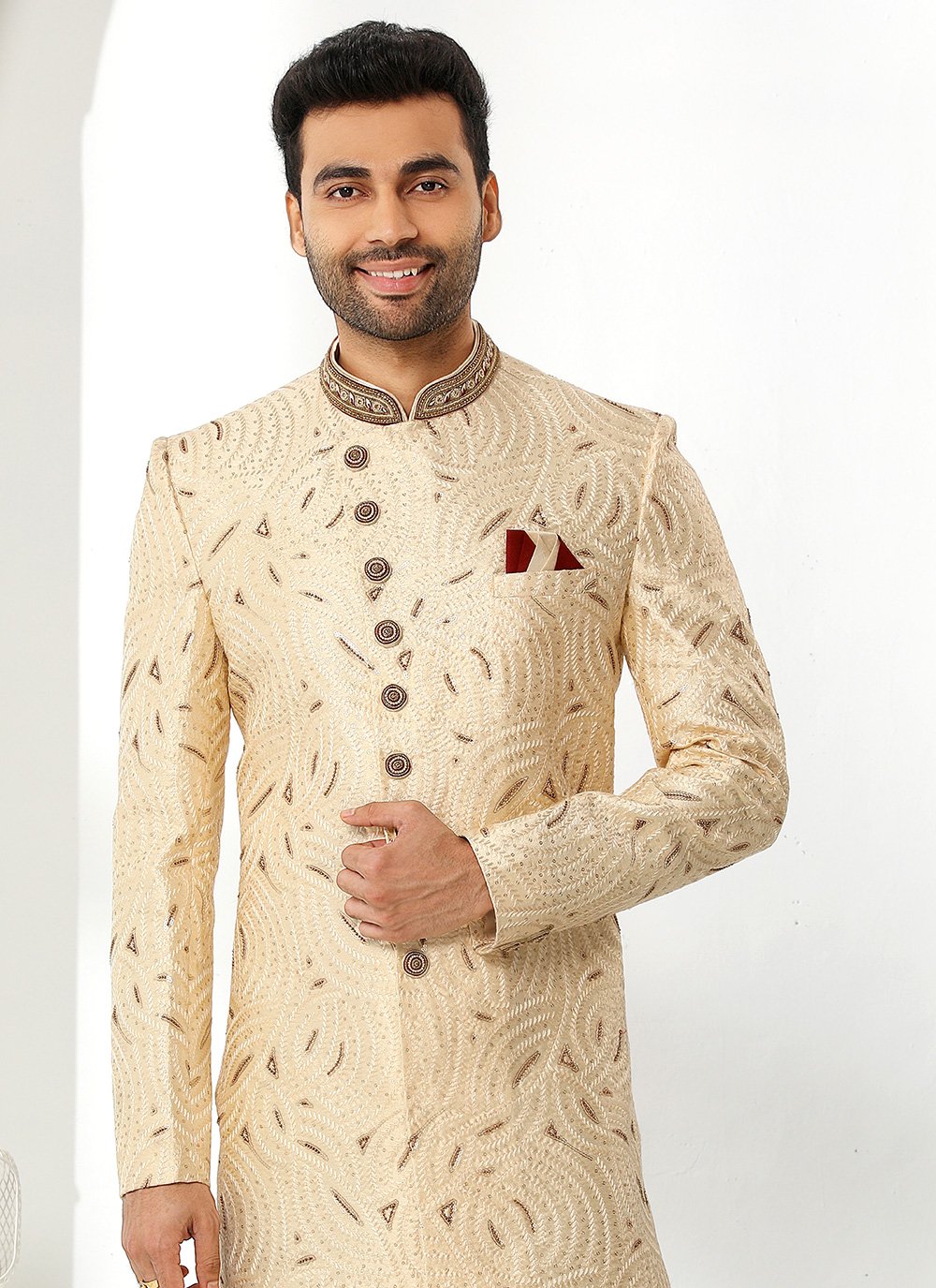 Sherwani Art Silk Cream Machine Embroidery Mens