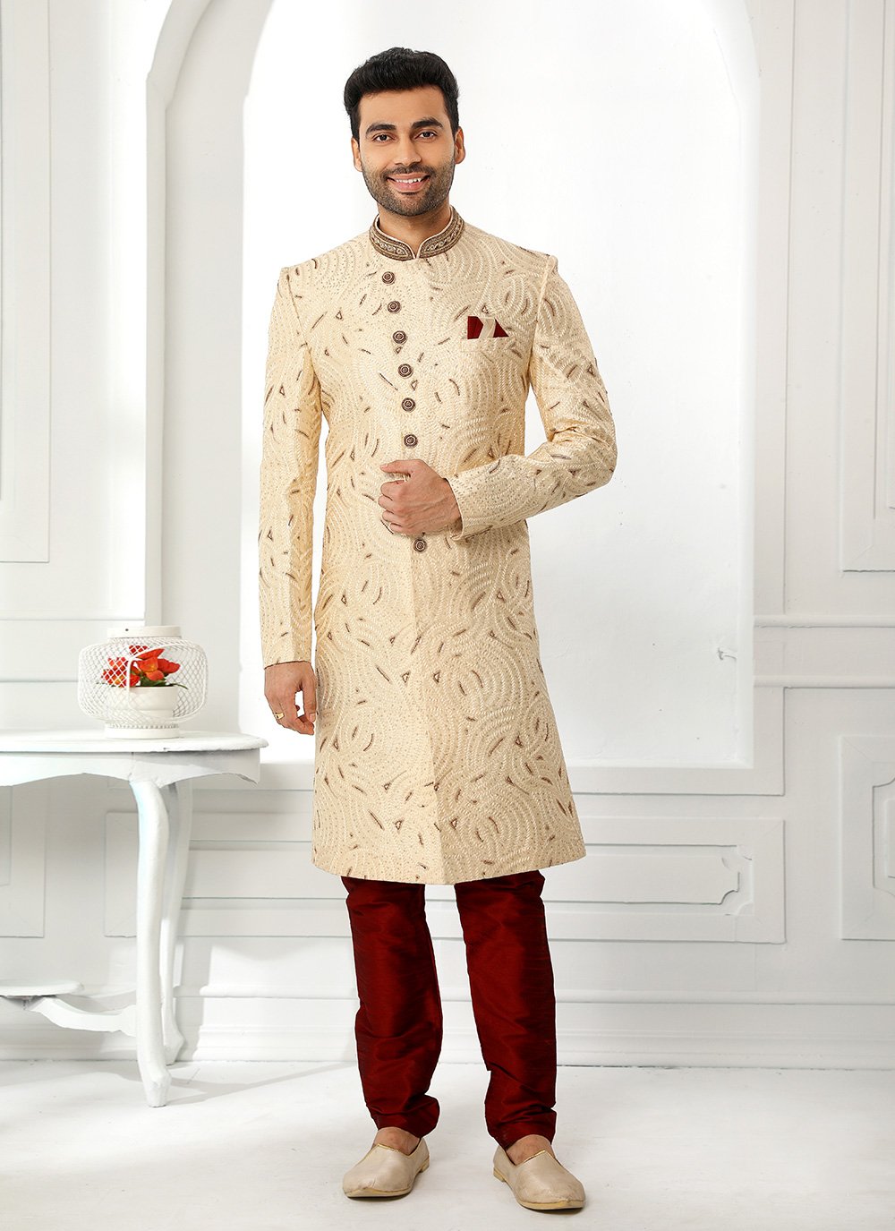 Sherwani Art Silk Cream Machine Embroidery Mens