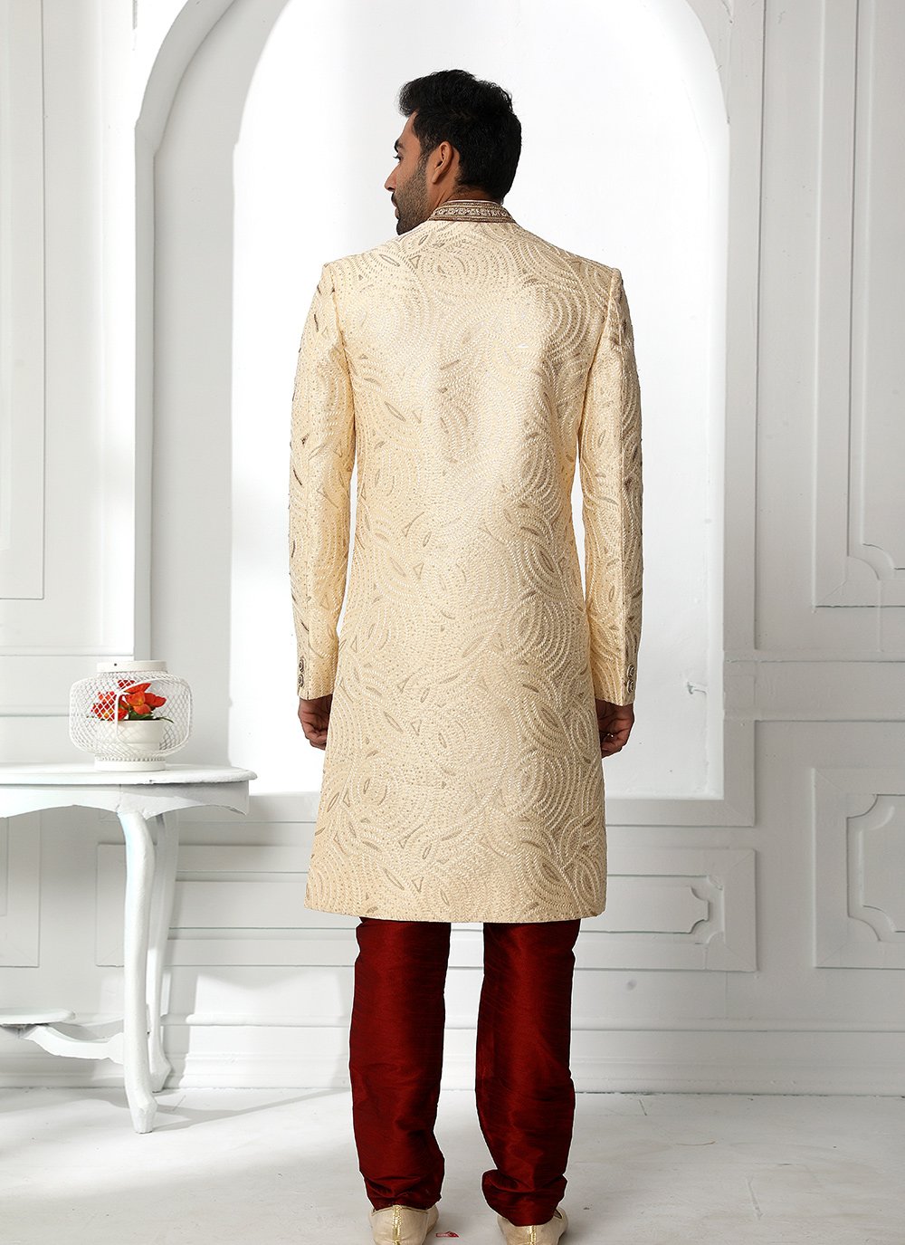 Sherwani Art Silk Cream Machine Embroidery Mens