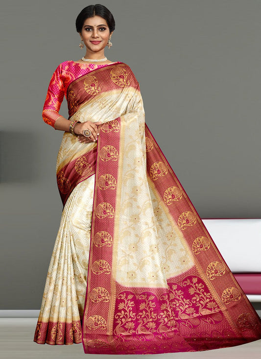 Trendy Saree Kanjivaram Silk Cream Embroidered Saree