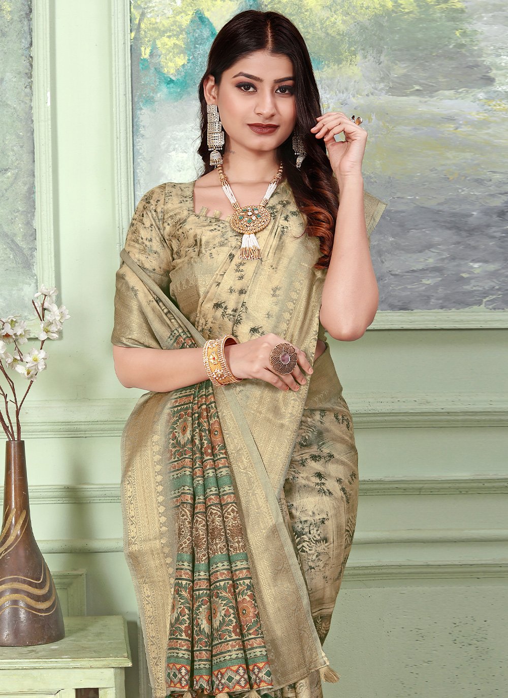 Classic Banarasi Silk Tussar Silk Cream Weaving Saree