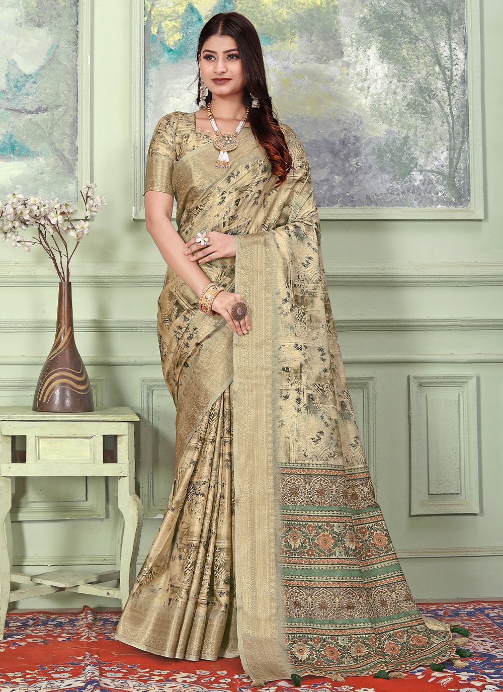 Classic Banarasi Silk Tussar Silk Cream Weaving Saree