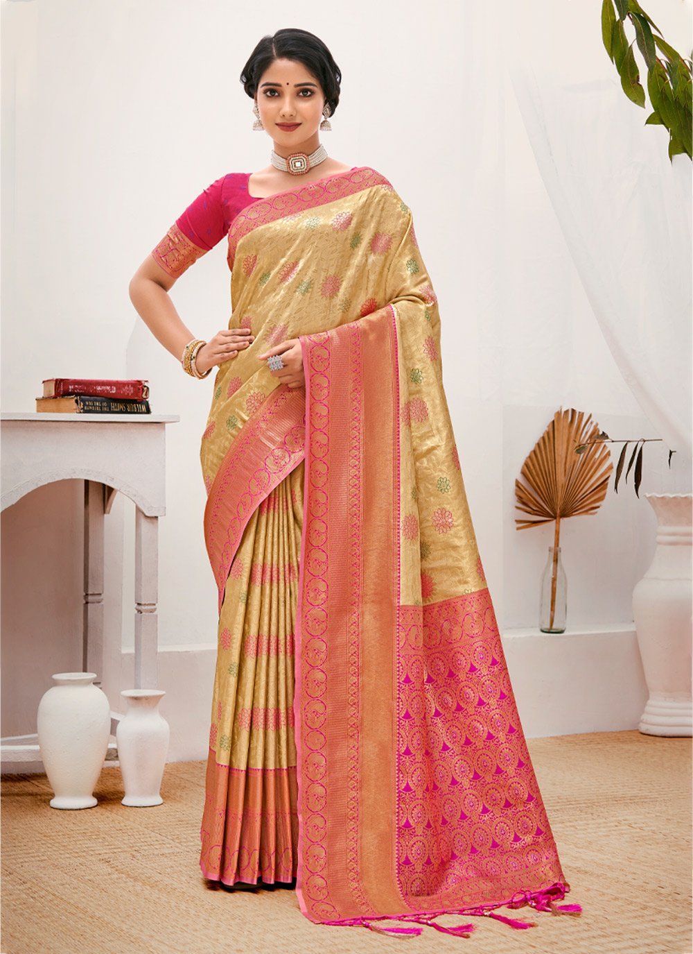 Designer Kanjivaram Silk Cream Weaving Saree