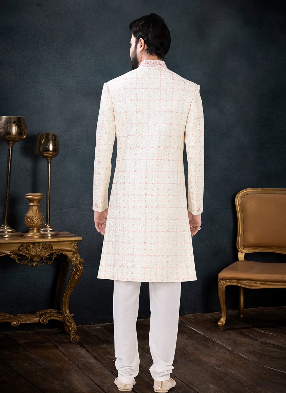 Indo Western Sherwani Silk Cream Embroidered Mens