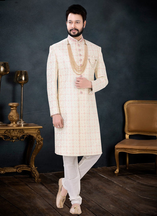 Indo Western Sherwani Silk Cream Embroidered Mens