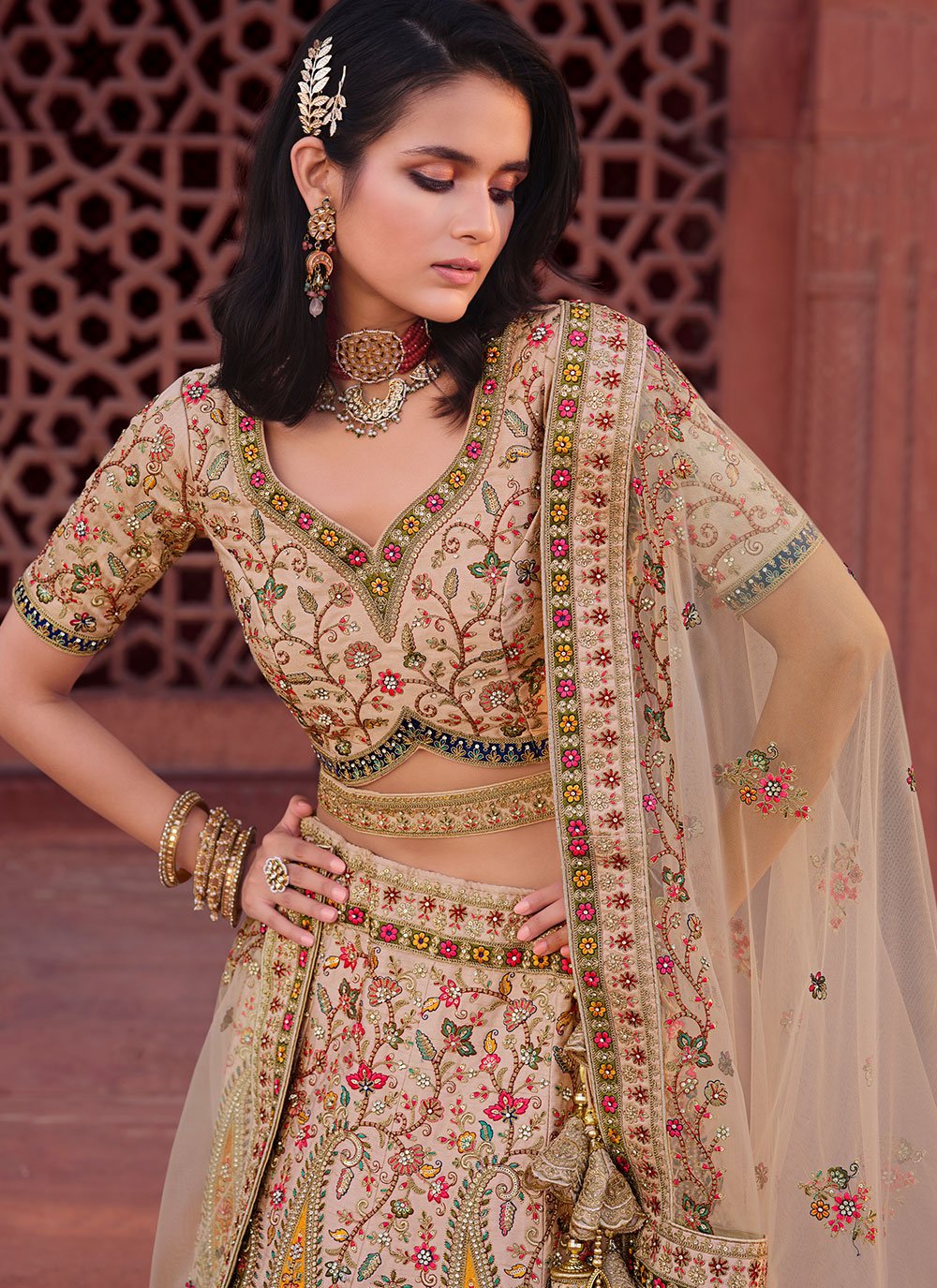 Lehenga Choli Silk Cream Embroidered Lehenga Choli