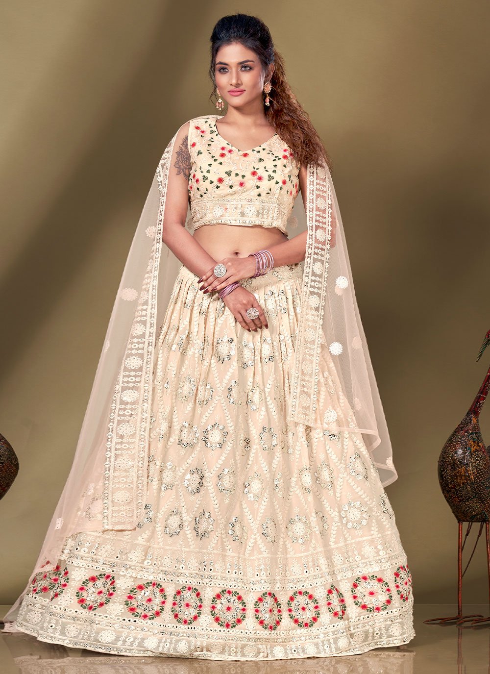 Readymade Lehenga Choli Viscose Cream Lucknowi Work Lehenga Choli