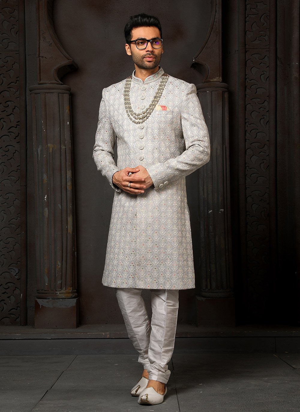 Sherwani Art Silk Cream Machine Embroidery Mens