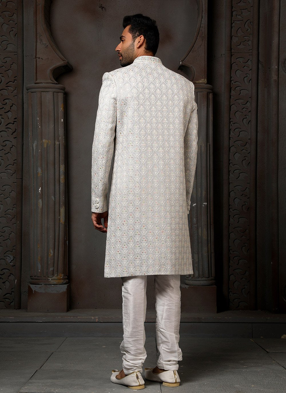 Sherwani Art Silk Cream Machine Embroidery Mens