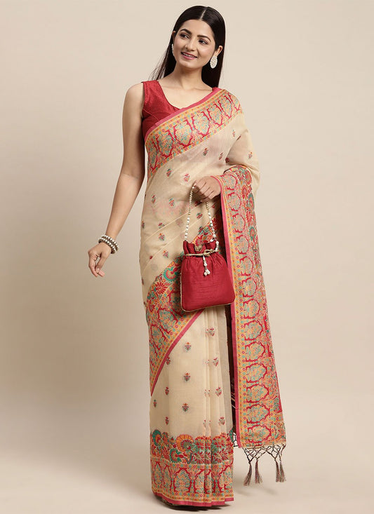 Contemporary Cotton Cream Woven Saree