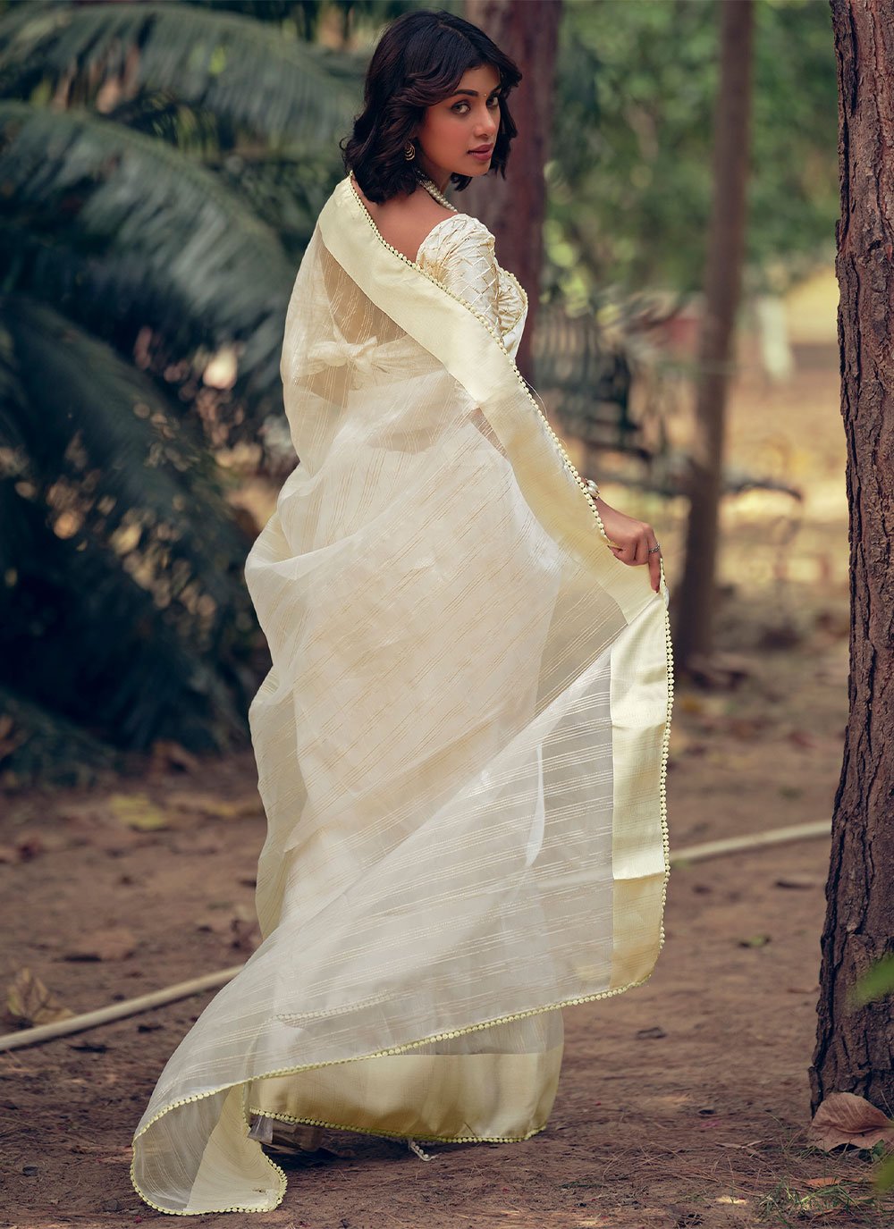 Contemporary Organza Cream Woven Saree