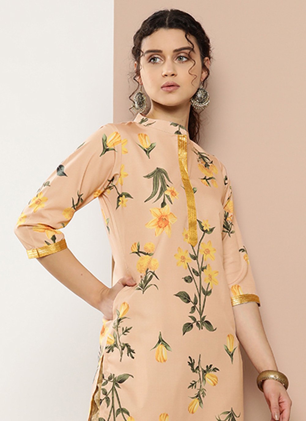 Casual Kurti Crepe Silk Beige Floral Patch Kurtis