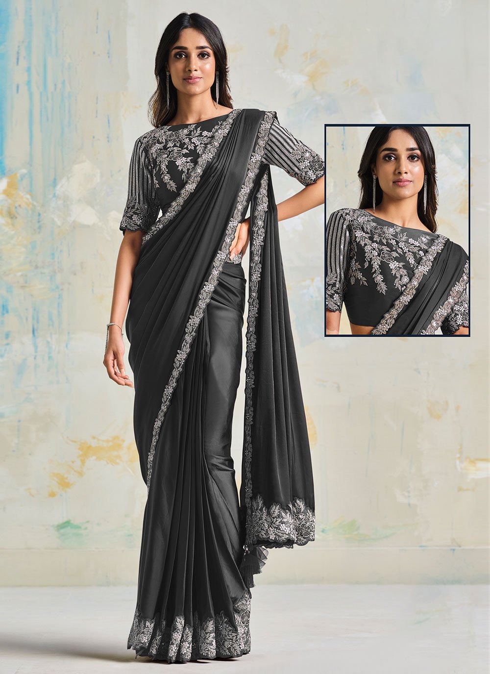 Classic Crepe Silk Black Embroidered Saree