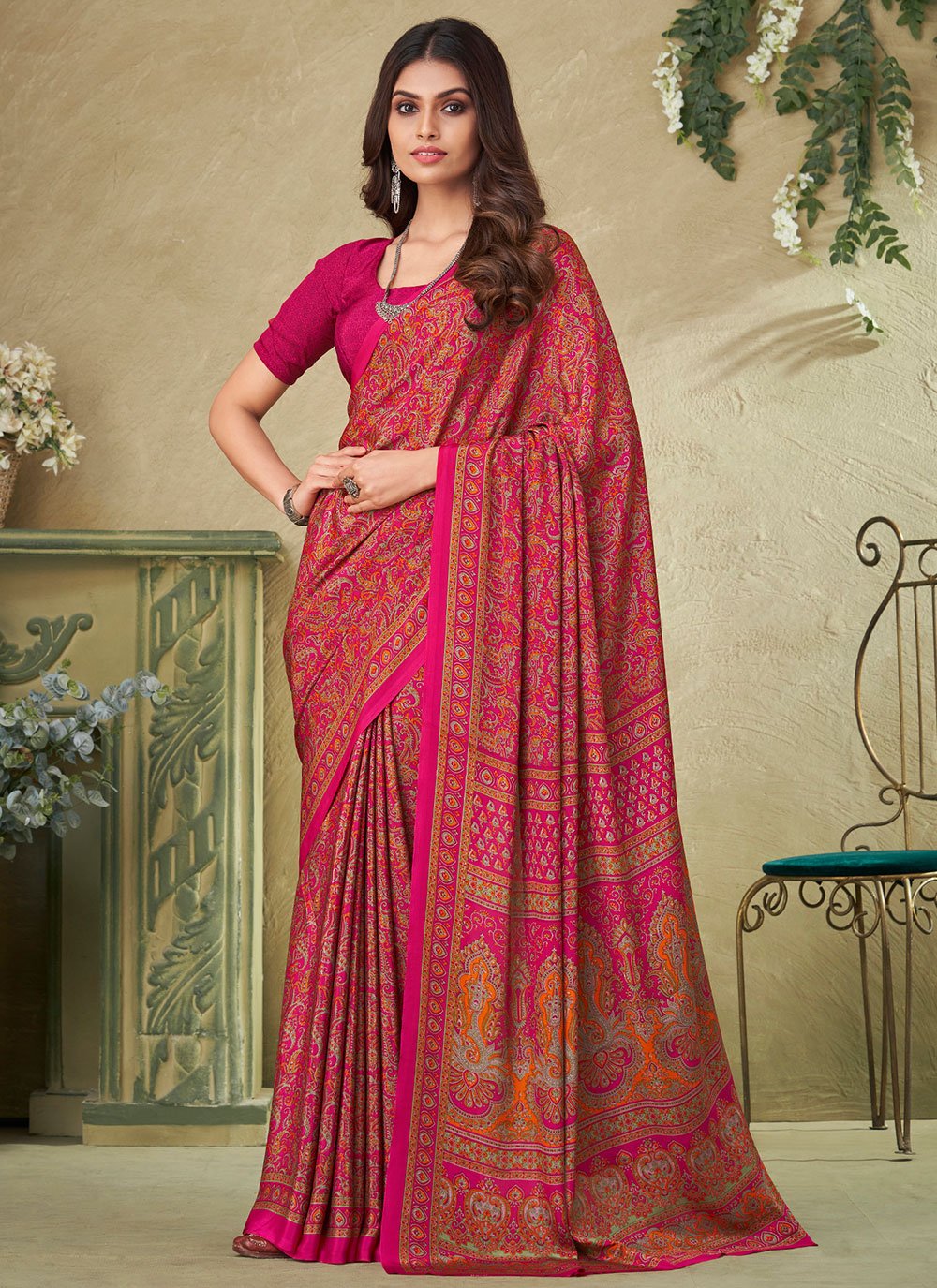 Trendy Saree Crepe Silk Hot Pink Print Saree