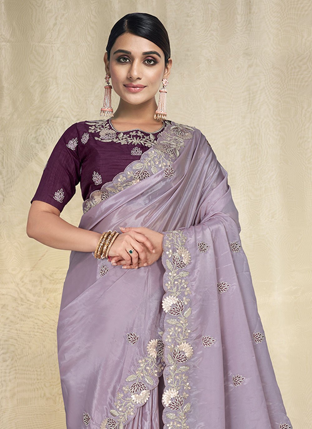 Classic Crepe Silk Lavender Embroidered Saree