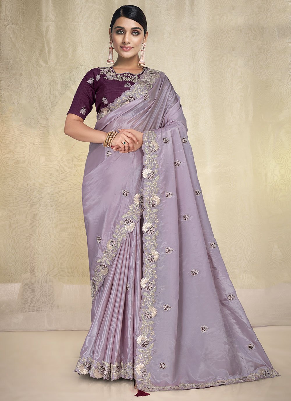 Classic Crepe Silk Lavender Embroidered Saree