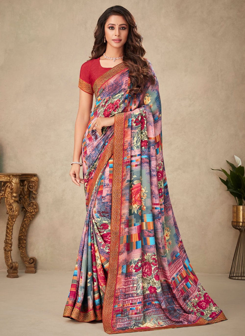 Classic Crepe Silk Multi Colour Floral Patch Saree