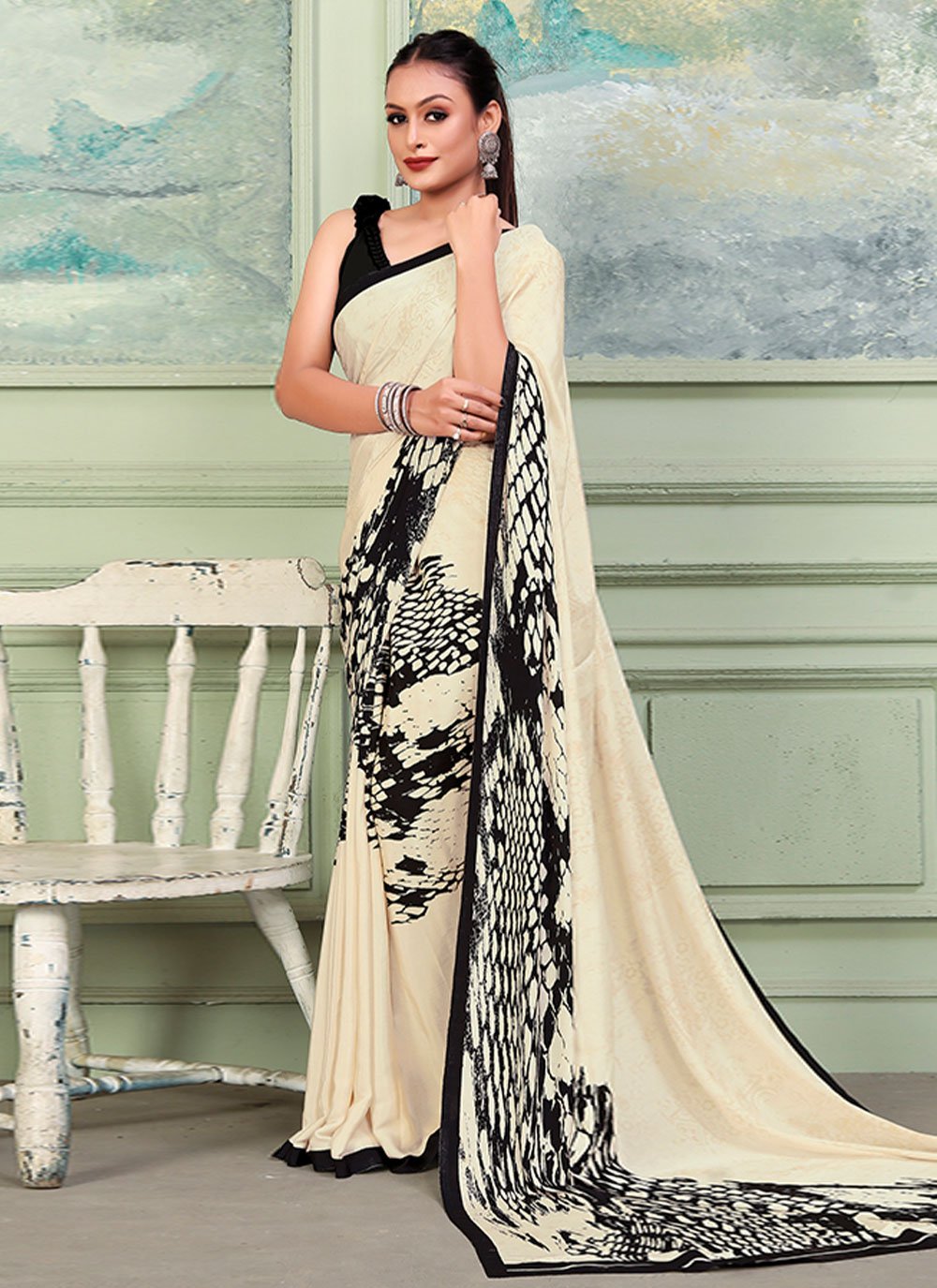 Contemporary Crepe Silk Peach Print Saree