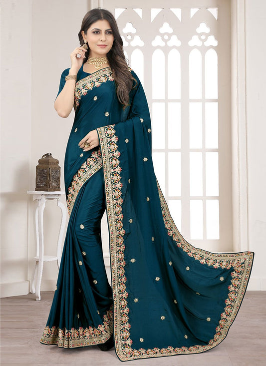 Designer Crepe Silk Teal Embroidered Saree