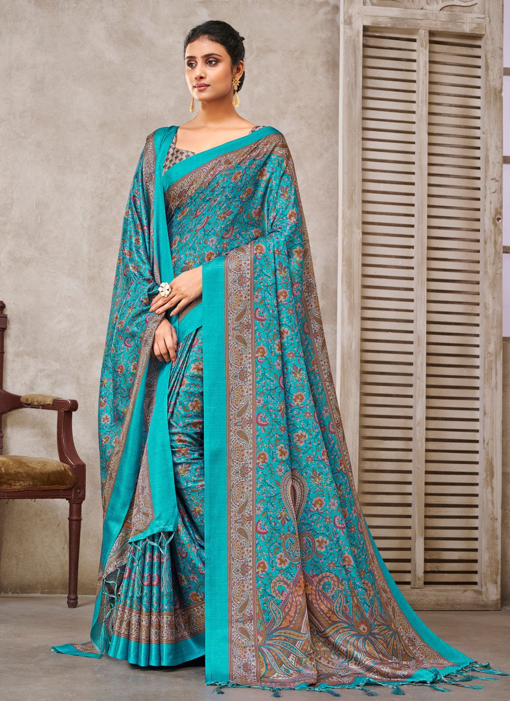 Designer Crepe Silk Aqua Blue Digital Print Saree