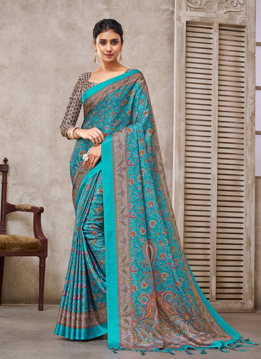 Designer Crepe Silk Aqua Blue Digital Print Saree