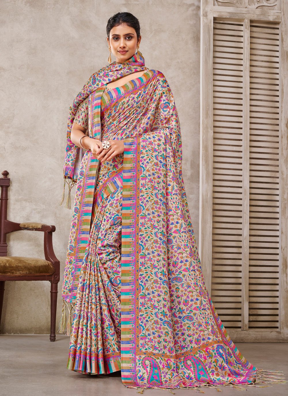 Designer Crepe Silk Cream Digital Print Saree