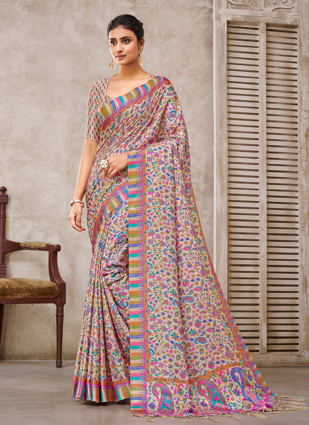 Designer Crepe Silk Cream Digital Print Saree