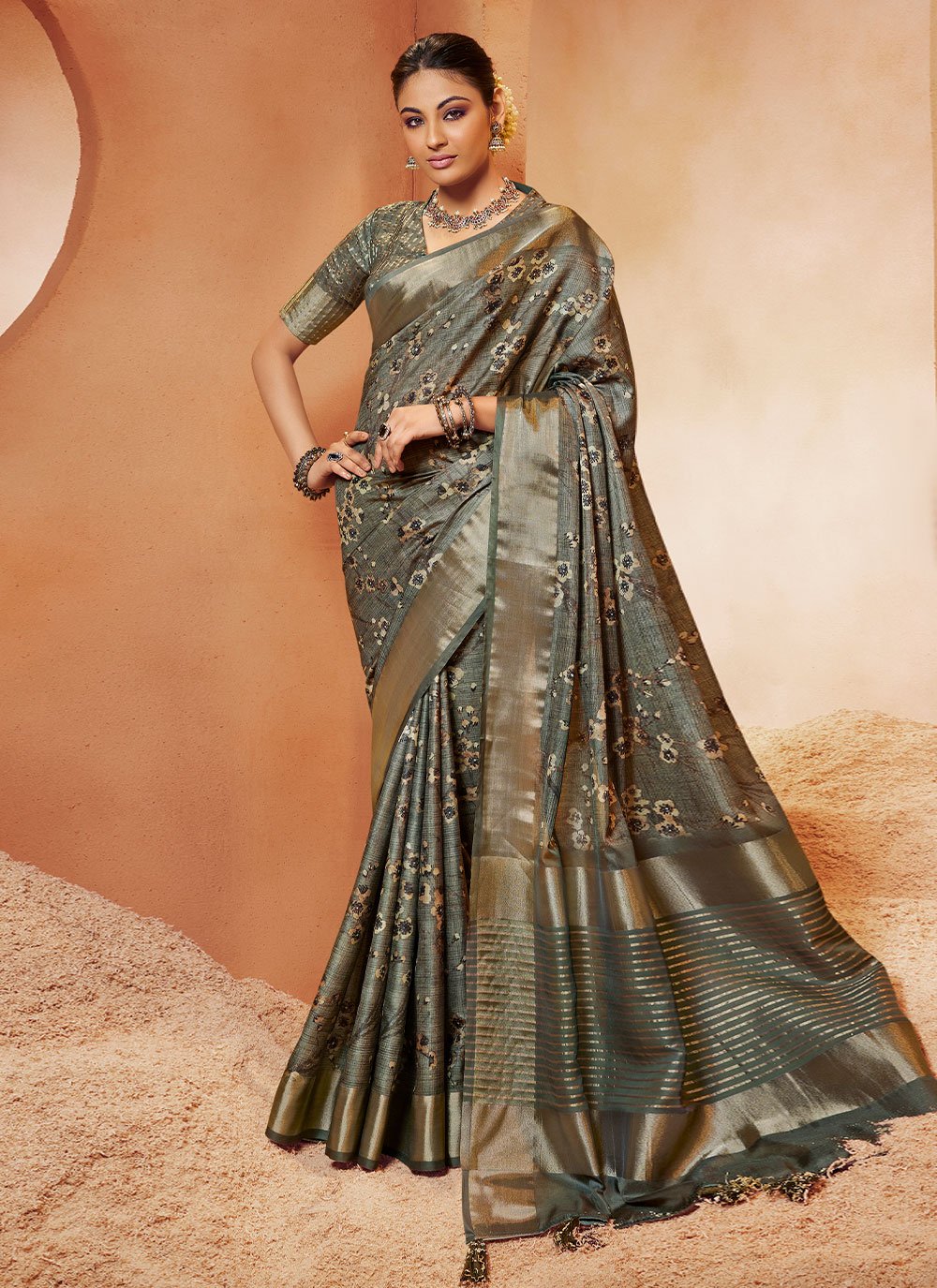 Classic Crepe Silk Grey Digital Print Saree