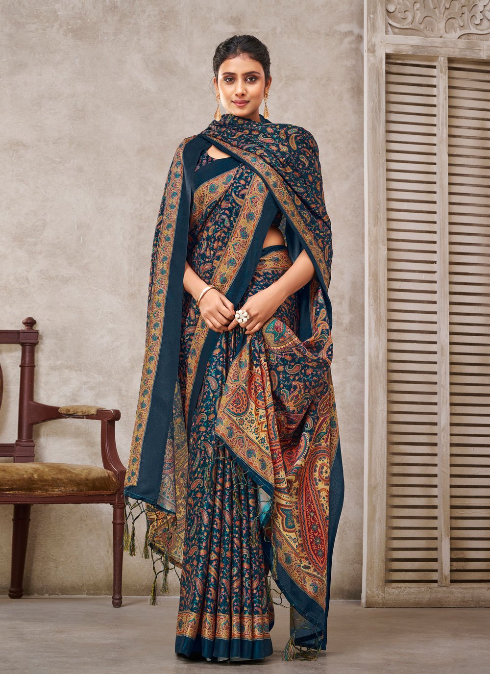 Designer Crepe Silk Morpeach Digital Print Saree